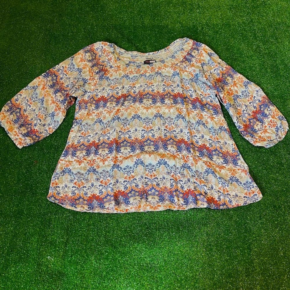 Black Note Long Sleeve Shirred Neck Damask Lightweight Bohemian Blouse Size L